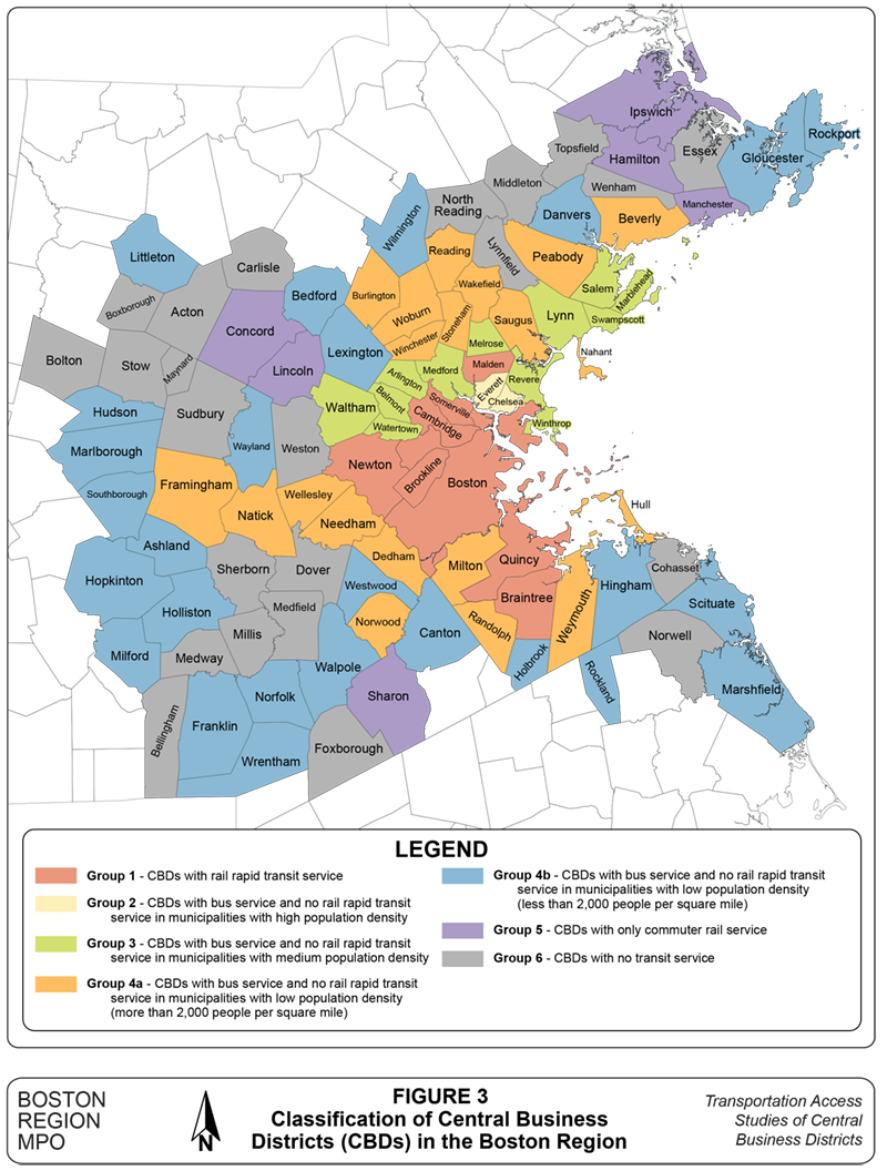 Classification of Central Business Districts in the Boston Region
This figure is a map showing the municipalities in the Boston region, categorized according to the classification of their central business district.
Classification of Central Business Districts in the Boston Region
This figure is a map showing the municipalities in the Boston region, categorized according to the classification of their central business district.